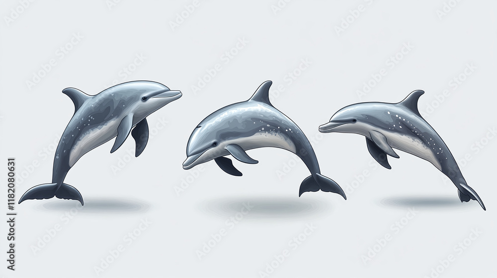 Fototapeta premium Beautiful grey bottlenose dolphins isolated on white background, collage, set of dolphins. 