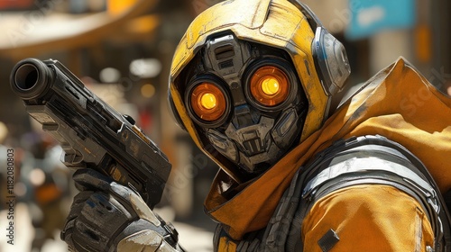 Futuristic character with yellow armor and glowing eyes holding a gun in a city setting. photo