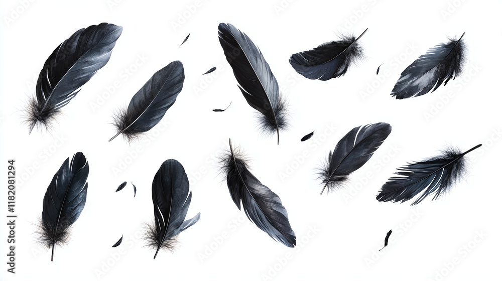 Set of different bird black feathers, isolated on white background. Set of different bird black feathers, isolated on white background.