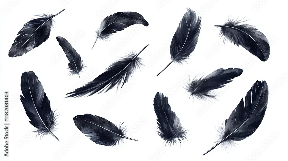Set of different bird black feathers, isolated on white background. Set of different bird black feathers, isolated on white background.