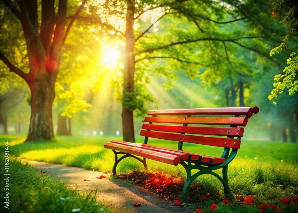 Serene Park Bench: Double Exposure Red Bench and Nature Stock Photo Serene Park Bench: Double Exposure Red Bench and Nature Stock Photo