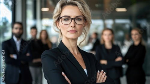 Dynamic portrait of confident businesswoman wearing glasses leading diverse group of professionals in formal attire near modern glass office wall photo