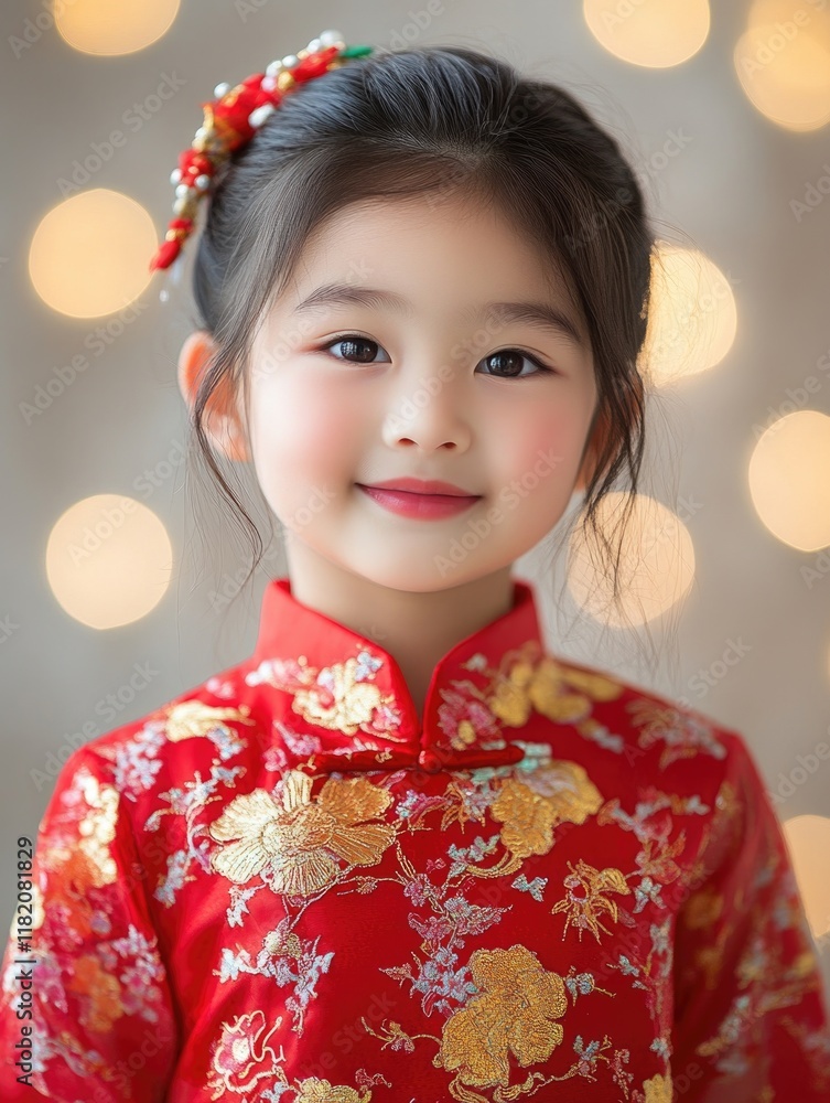 Smiling young Asian girl wearing a traditional red Chinese dress with golden floral patterns, set against a blurred bokeh background in Thailand. Smiling young Asian girl wearing a traditional red Chinese dress with golden floral patterns, set against a blurred bokeh background in Thailand.