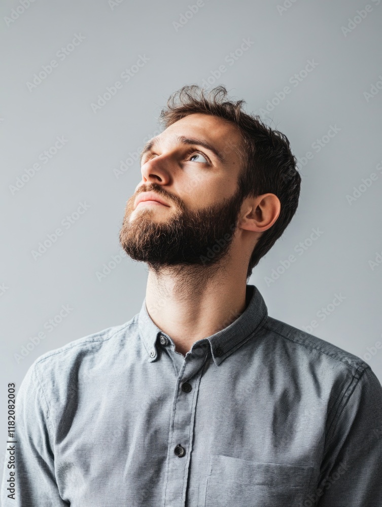 Thoughtful office worker with beard in grey shirt gazing upwards against a soft gray background portraying contemplation and professionalism Thoughtful office worker with beard in grey shirt gazing upwards against a soft gray background portraying contemplation and professionalism