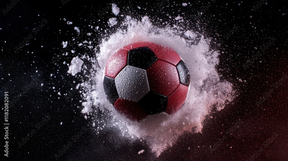 Naklejka premium Dynamic image of a soccer ball bursting through a cloud of dust, capturing the energy and excitement of the game.
