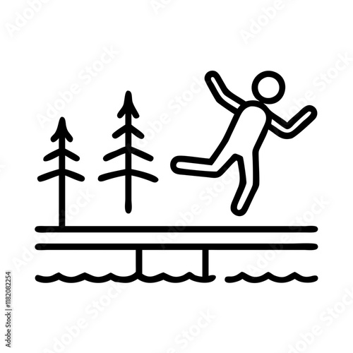 Simple line illustration of a person joyfully jumping on a dock near trees, symbolizing adventure and nature