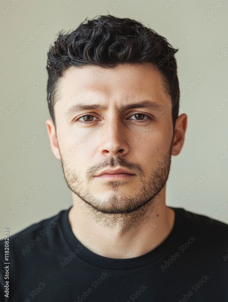 Fototapeta premium Portrait of a confident young Caucasian man with short black curly hair and stubble, wearing a black shirt against a neutral background.
