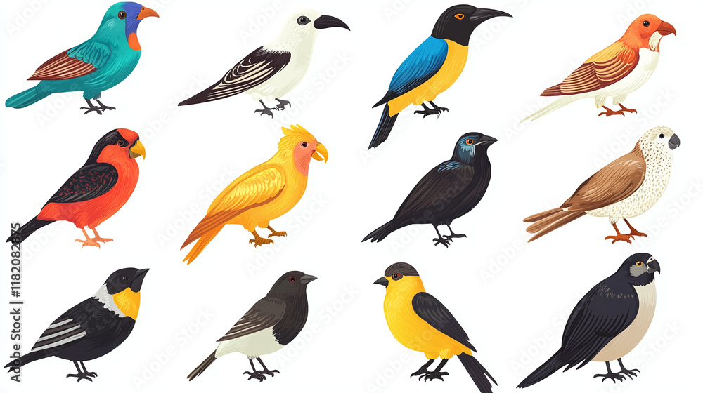 Set of different kind of birds isolated on white background. Set of birds, isolated on white background Set of different kind of birds isolated on white background. Set of birds, isolated on white background