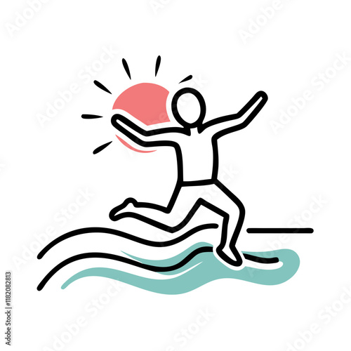 Minimalist line art of a person jumping over waves with sun icon, expressing joy and freedom