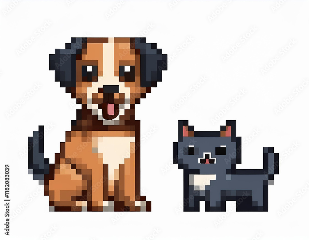 Fototapeta premium Pixel art dog and cat together