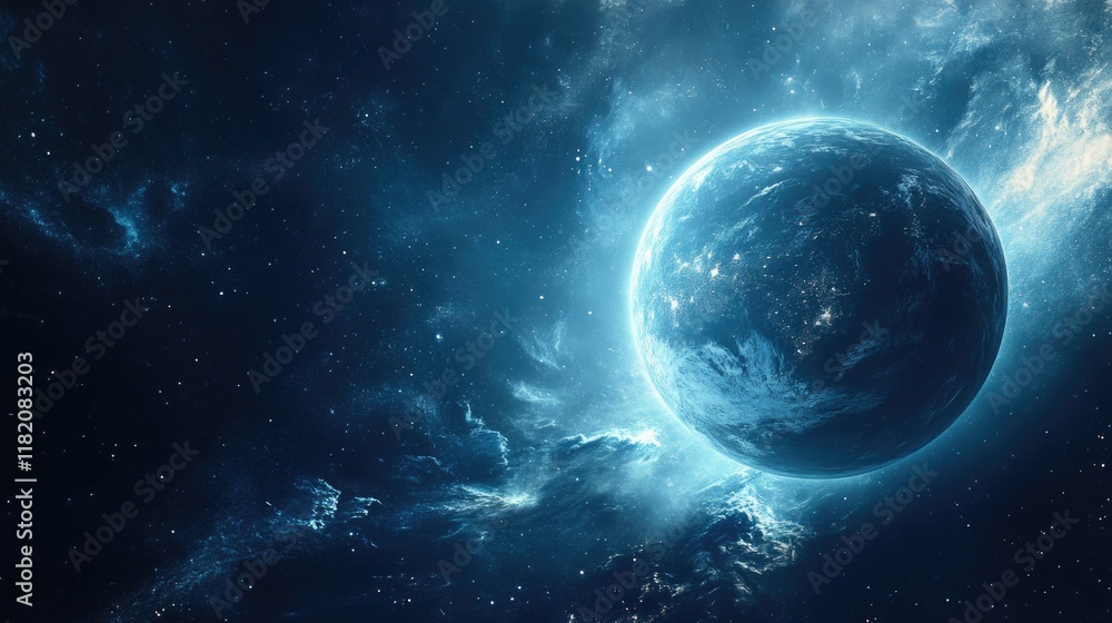 Obraz premium Abstract cosmic landscape showcasing a glowing blue planet in a dark star-filled universe, representing the evolution of Internet technologies and innovation.