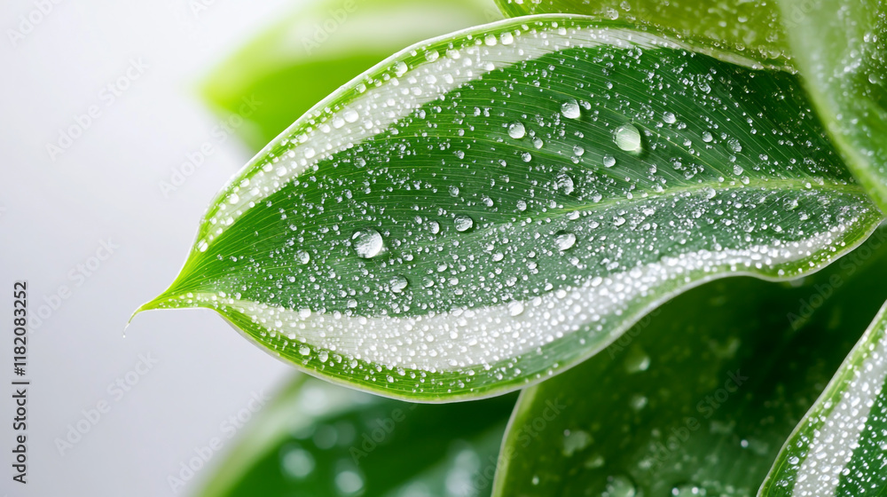 Fototapeta premium Close-up of Calathea Leaves with White Stripes and Green Edges, Highlighting Water Droplets