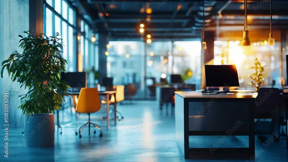 Modern office space during sunset with warm lighting and empty desks