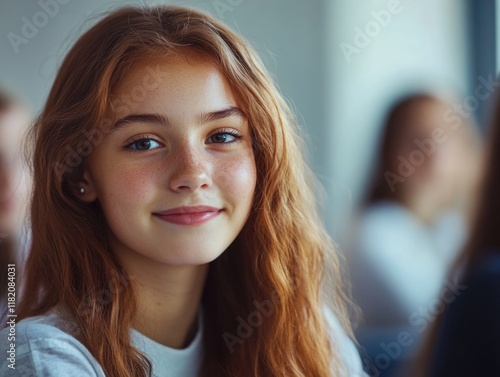 Wallpaper Mural Pensive schoolgirl with long wavy auburn hair smiling softly in bright classroom setting, with blurred classmates in background, warm natural light. Torontodigital.ca