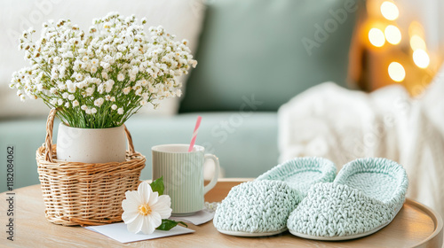 Cozy home setting with slippers, flowers, and cup of tea, creating warm and inviting atmosphere. Perfect for relaxation and comfort photo