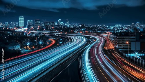 Night City Highway Lights, Vibrant Cityscape at Night, Long Exposure Photography photo