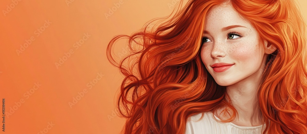 Smiling young woman with vibrant red hair against a warm orange background, showcasing natural beauty and joyful expression Smiling young woman with vibrant red hair against a warm orange background, showcasing natural beauty and joyful expression