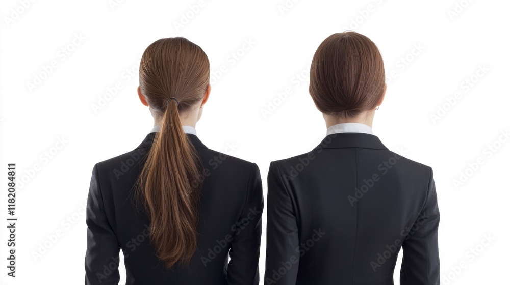 Back view of two professional businesswomen in black suits with long brown hair standing side by side on a white background, corporate teamwork concept. Back view of two professional businesswomen in black suits with long brown hair standing side by side on a white background, corporate teamwork concept.