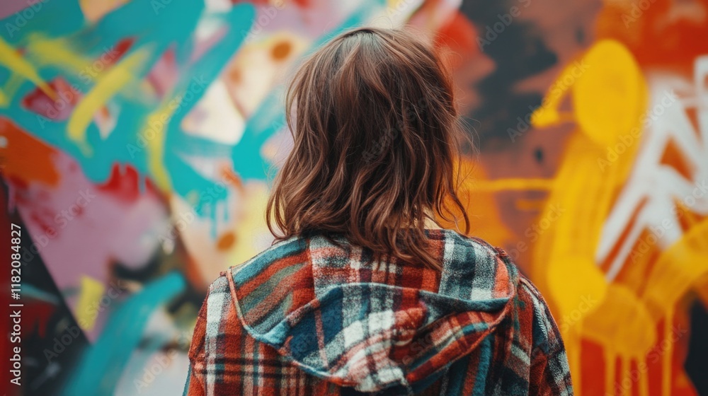 Obraz premium Female street artist in plaid jacket observing colorful graffiti wall with vibrant urban art in background, creative expression in city setting