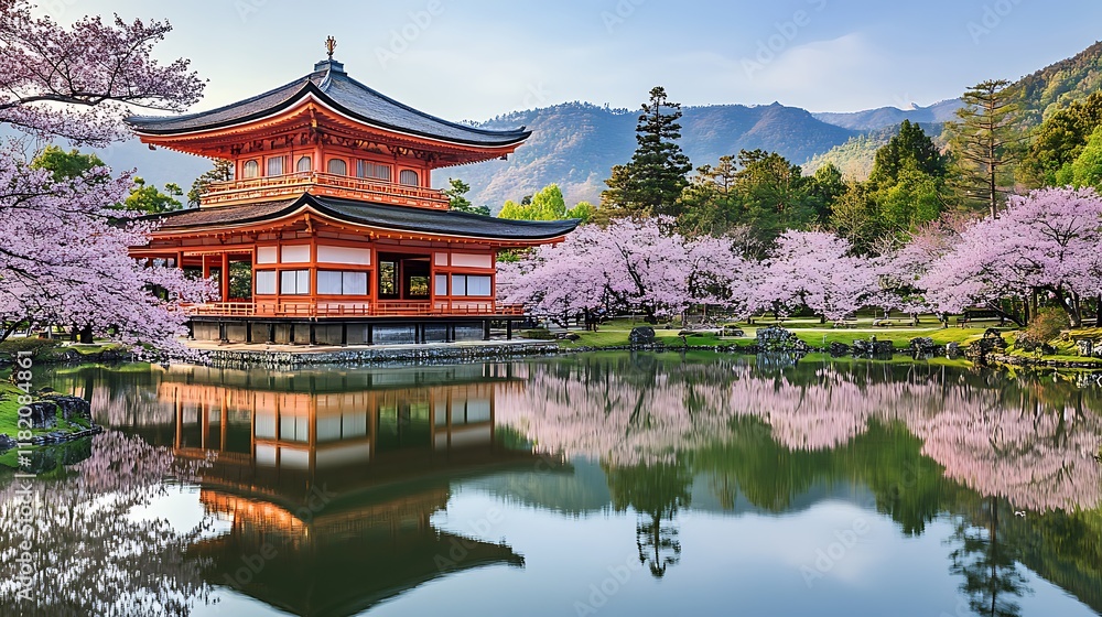 Spring in Japan Kiyomizu-dera Temple's reflection in a pond amidst cherry blossoms, mountains in background; ideal for travel brochures. Spring in Japan Kiyomizu-dera Temple's reflection in a pond amidst cherry blossoms, mountains in background; ideal for travel brochures.