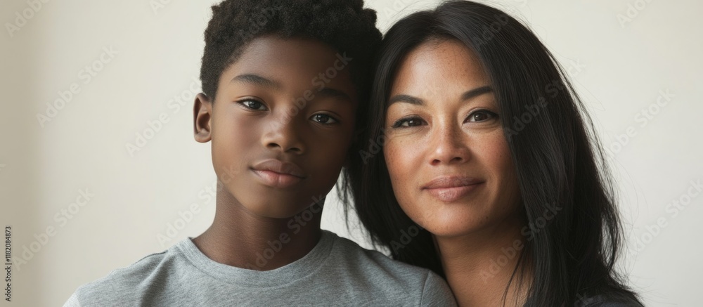 Mixed race teenage boy with curly dark hair and Asian mother with long black hair posing together in bright indoor setting showcasing love and connection Mixed race teenage boy with curly dark hair and Asian mother with long black hair posing together in bright indoor setting showcasing love and connection