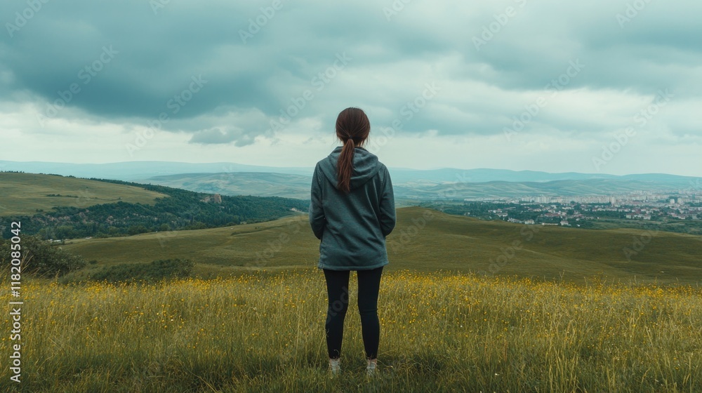 Young woman in casual attire standing on green grassy hill, gazing at expansive natural landscape under cloudy blue sky in Bulgaria Balkans. Young woman in casual attire standing on green grassy hill, gazing at expansive natural landscape under cloudy blue sky in Bulgaria Balkans.
