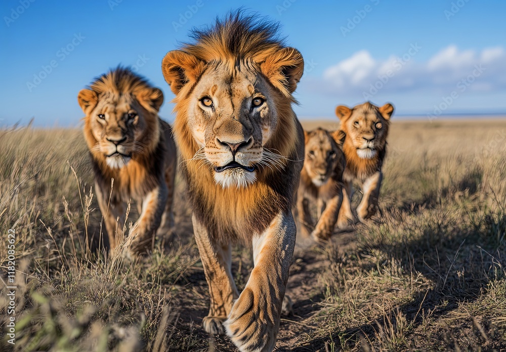 Lions walking through the african savannah, steppe, desert, a pride of lions, sunny day, blue sky, white clouds, stock photography Lions walking through the african savannah, steppe, desert, a pride of lions, sunny day, blue sky, white clouds, stock photography