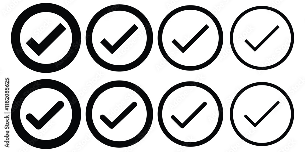Check mark icon button set. Simple checkmark in a box set with different line width. Correct, approved symbol. Vector icons in flat style. Design eps 10 Check mark icon button set. Simple checkmark in a box set with different line width. Correct, approved symbol. Vector icons in flat style. Design eps 10