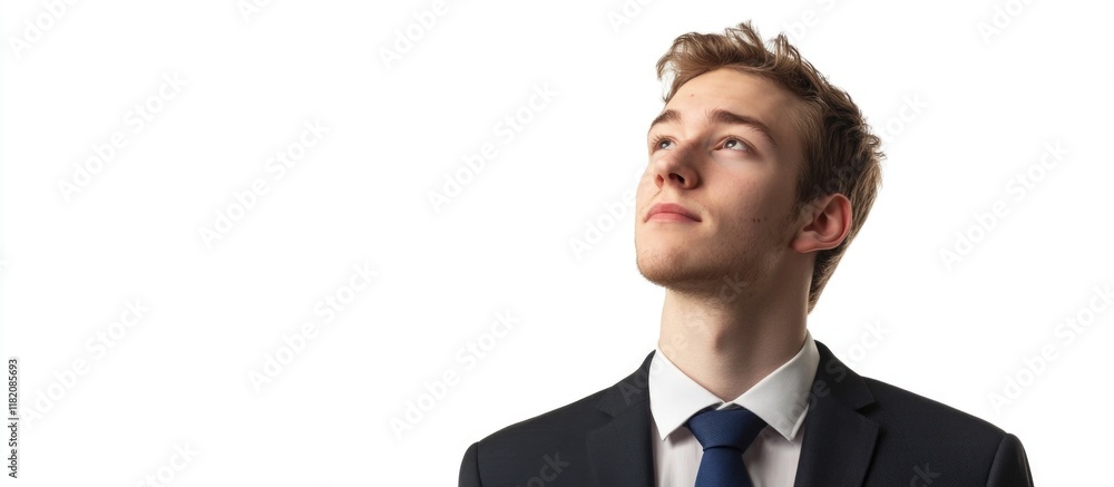 Young businessman in formal suit looking up, isolated on white background, bright lighting, focus on facial expression, professional portrait. Young businessman in formal suit looking up, isolated on white background, bright lighting, focus on facial expression, professional portrait.