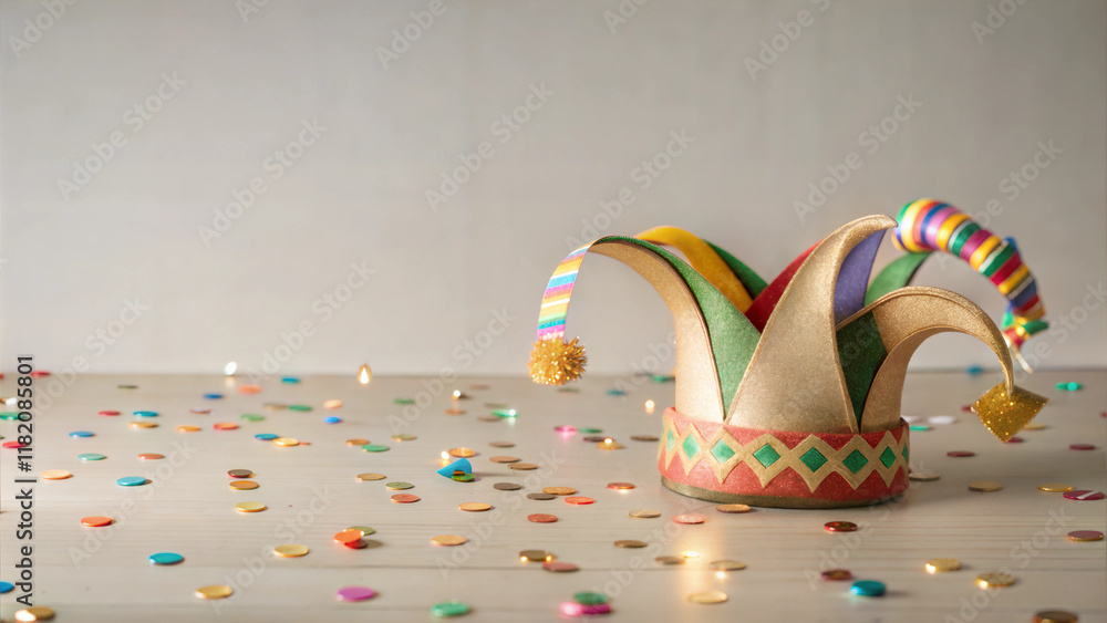 Obraz premium Jester hat with confetti on simple neutral tabletop.