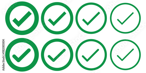 Simple checkmark in a box set with different line width. Correct, approved symbol. Vector icons in flat style. Check box with correct, accept checkmark icons tick box checked. Approve symbol. eps 10