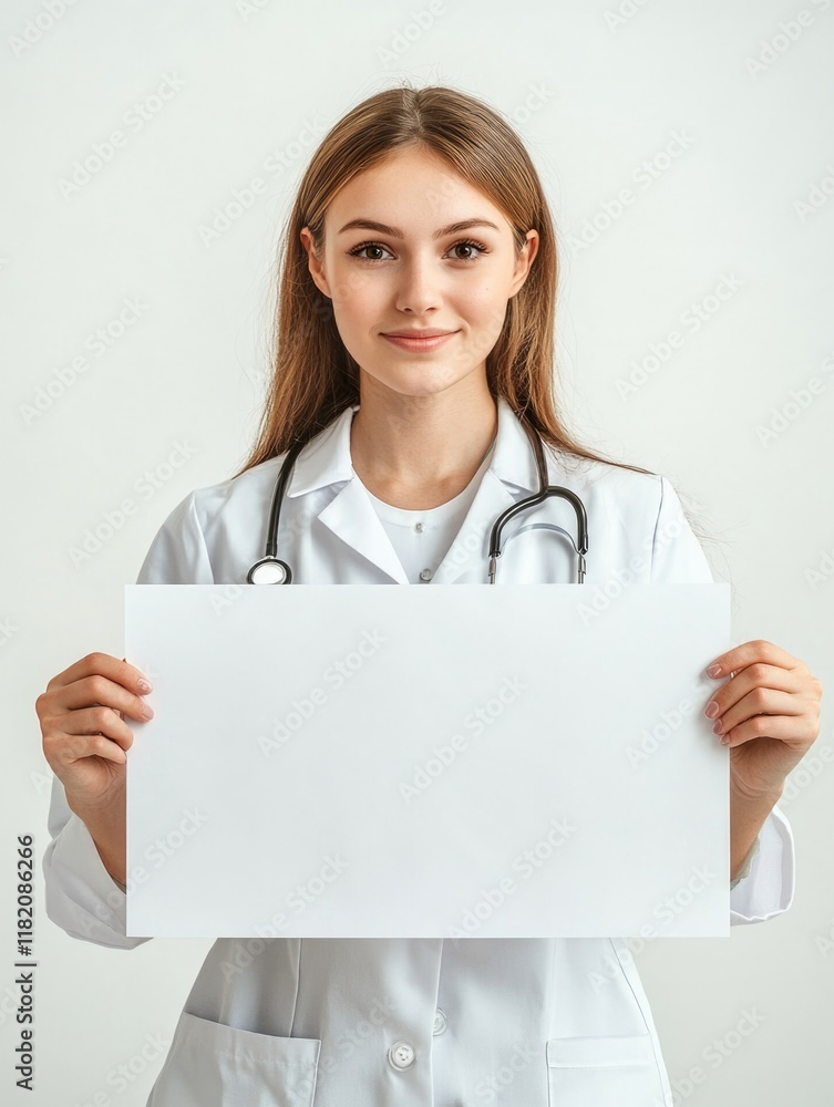 Young adult female nurse in white lab coat holding blank sign, smiling confidently against a soft green background, natural lighting, close-up portrait. Young adult female nurse in white lab coat holding blank sign, smiling confidently against a soft green background, natural lighting, close-up portrait.