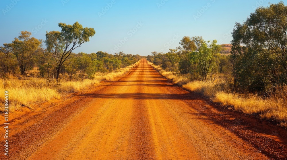 Dusty red outback road leading through golden grasses and green trees in Kings Canyon Northern Territory Australia under a clear blue sky. Dusty red outback road leading through golden grasses and green trees in Kings Canyon Northern Territory Australia under a clear blue sky.