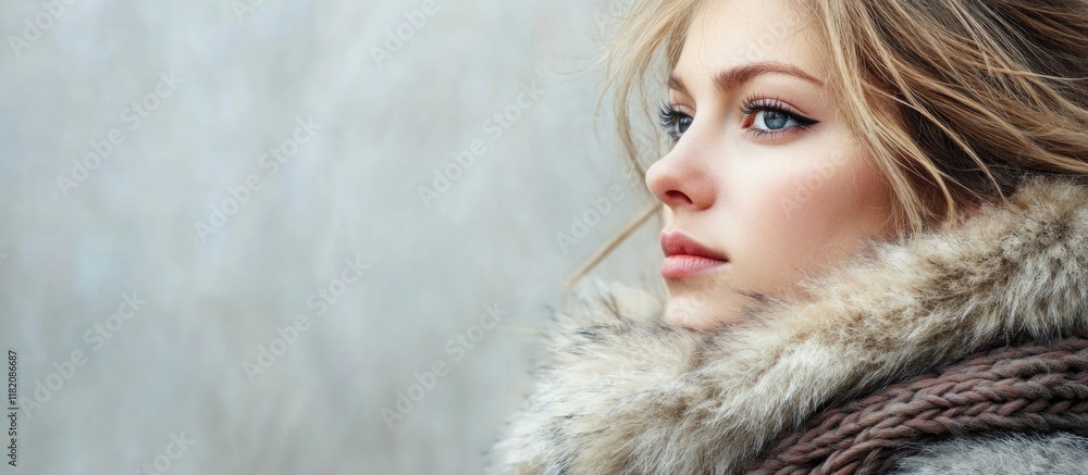 Close-up portrait of young woman with blonde hair wearing a fur scarf against a soft gray background, displaying natural beauty and winter fashion. Close-up portrait of young woman with blonde hair wearing a fur scarf against a soft gray background, displaying natural beauty and winter fashion.