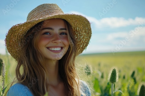 Smiling young woman in straw hat amidst vibrant green field under bright blue sky, capturing the essence of summer vacation and joy in nature. photo