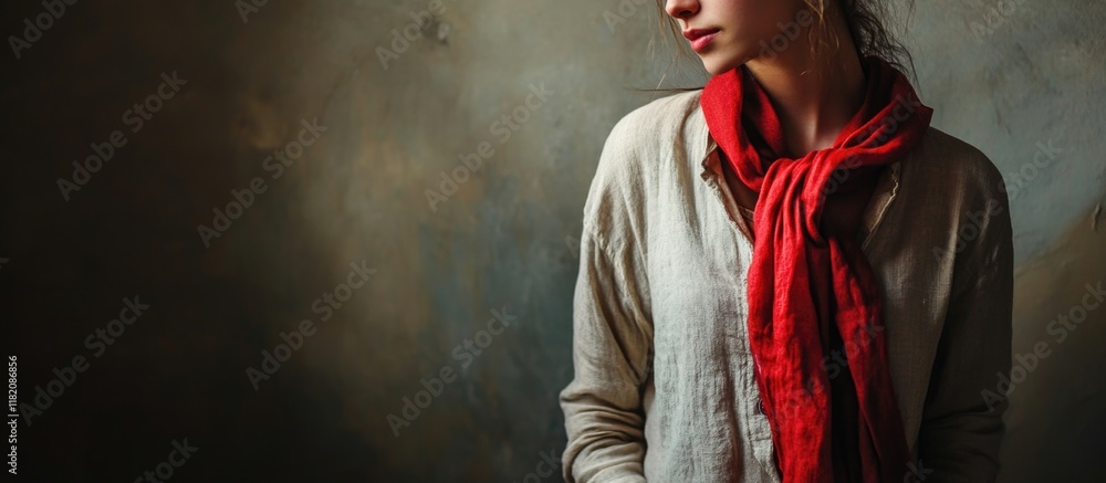 Fototapeta premium young woman wearing a light beige linen shirt and bright red scarf against a dark textured background close-up portrait in rustic style