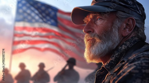 Patriotic portrait of senior bearded soldier in front of American flag with silhouette of military personnel in background emphasizing pride and duty painted in warm tones for Veterans Day tribute