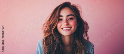 Wallpaper Mural Carefree young woman with long wavy hair smiling against a soft pink background, capturing a friendly and approachable vibe in natural light. Torontodigital.ca
