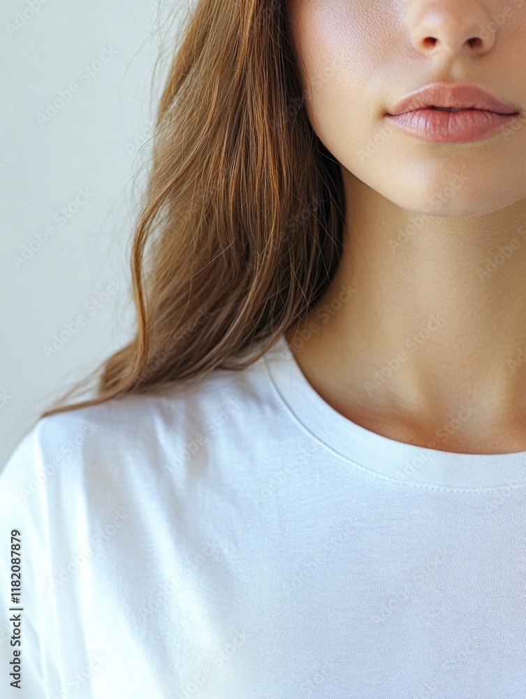 Fototapeta premium Portrait of a serene woman with long brown hair wearing a crisp white shirt, soft natural lighting highlights her gentle smile and smooth skin.