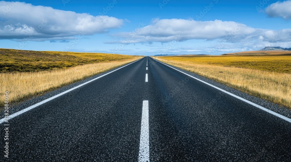 Lonely asphalt highway stretching into the distance under a clear blue sky with fluffy clouds, surrounded by golden grasslands in scenic Iceland. Lonely asphalt highway stretching into the distance under a clear blue sky with fluffy clouds, surrounded by golden grasslands in scenic Iceland.