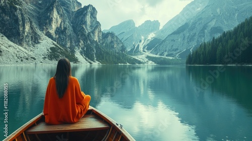 Young woman in orange sweater sitting on wooden boat at tranquil Braies Lake surrounded by Dolomites Alps misty landscape South Tyrol Italy