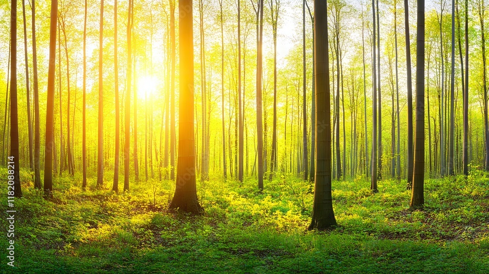 Obraz premium Golden Sunlight Filtering Through Spring Forest Trees