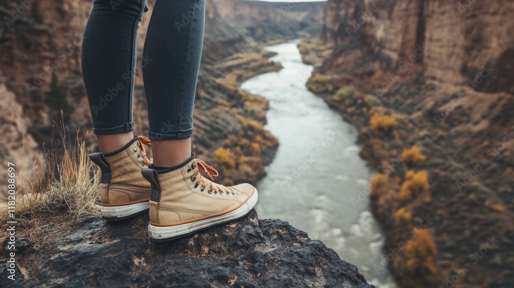Young female traveler wearing casual outfit and sneakers standing on rocky cliff overlooking vibrant river in canyon with autumn-colored trees Young female traveler wearing casual outfit and sneakers standing on rocky cliff overlooking vibrant river in canyon with autumn-colored trees