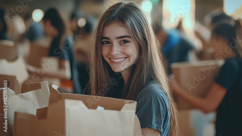 Young female volunteer smiling at camera while packing food and drink donations into paper bags with a blurred background of volunteers working in charitable foundation horizontal shot soft natural li photo