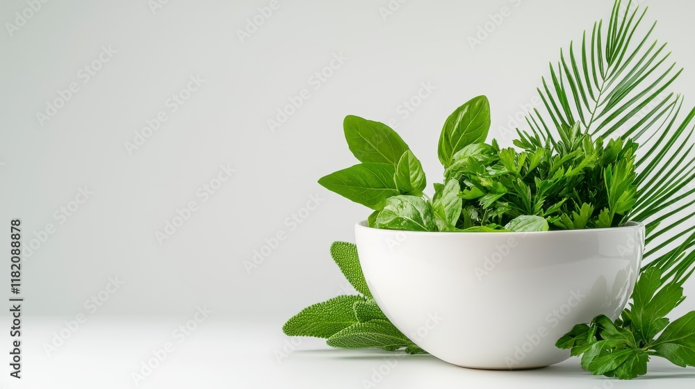 Fresh Green Herbs in White Bowl on Minimalist Background Fresh Green Herbs in White Bowl on Minimalist Background