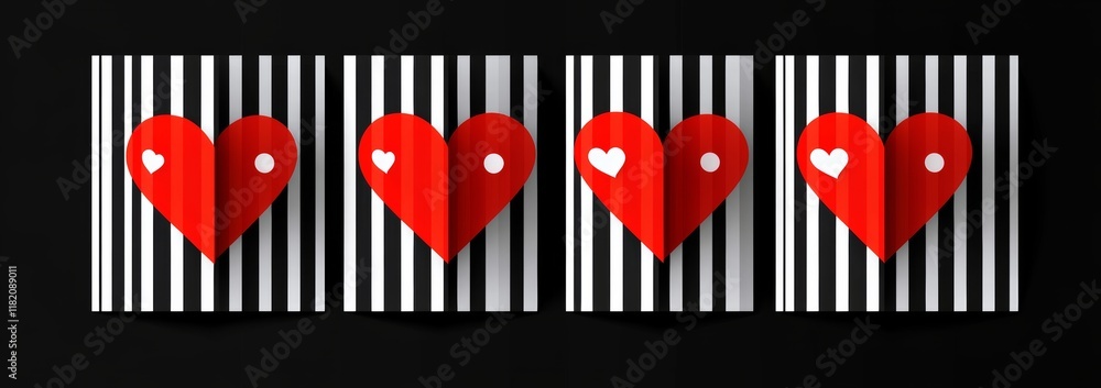 Obraz premium This Valentine's day design set comprises greeting cards, posters, and banners. It showcases a cut-out paper heart on a white, red striped, or dotted satin background, utilizing a paper cut-out art