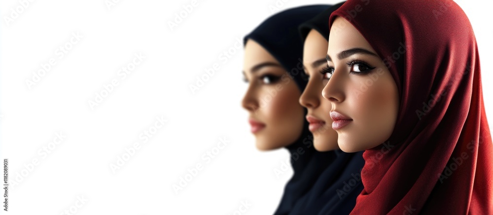 Portrait of Three Elegant Muslim Women in Hijabs of Black and Burgundy Colors Facing Left Against a Bright White Background with Soft Lighting Portrait of Three Elegant Muslim Women in Hijabs of Black and Burgundy Colors Facing Left Against a Bright White Background with Soft Lighting