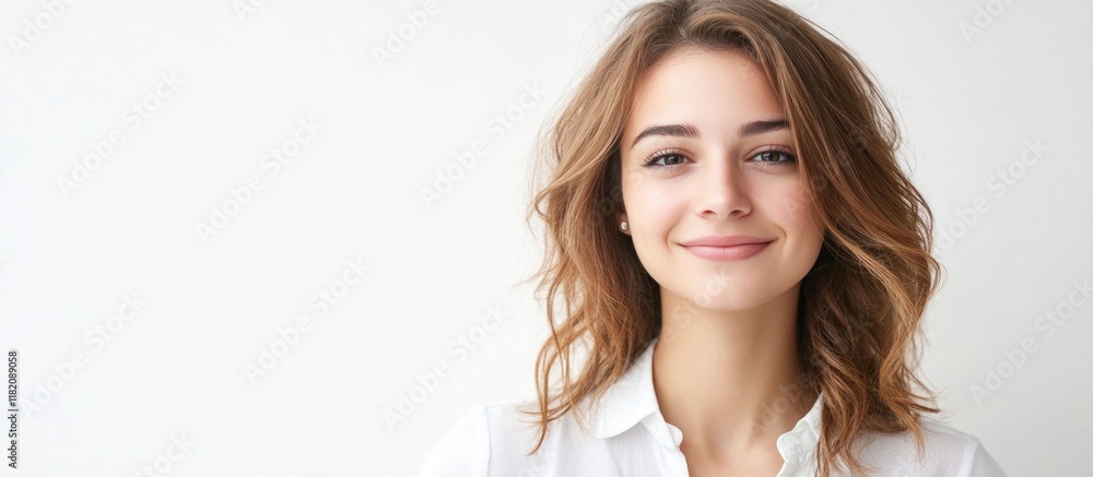 Smiling young woman with wavy hair on white background, expressing happiness and confidence, ideal for lifestyle and retail concepts. Smiling young woman with wavy hair on white background, expressing happiness and confidence, ideal for lifestyle and retail concepts.