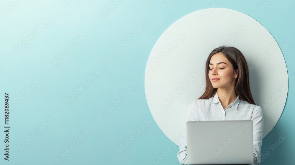 Businesswoman working on a laptop against a soft blue background with a circular white frame, featuring a relaxed expression and natural lighting. Businesswoman working on a laptop against a soft blue background with a circular white frame, featuring a relaxed expression and natural lighting.