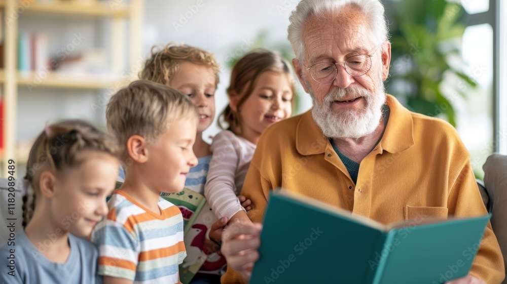 A joyful scene of a grandfather reading a book to several children, fostering a love for storytelling and family bonding in a cozy setting. A joyful scene of a grandfather reading a book to several children, fostering a love for storytelling and family bonding in a cozy setting.